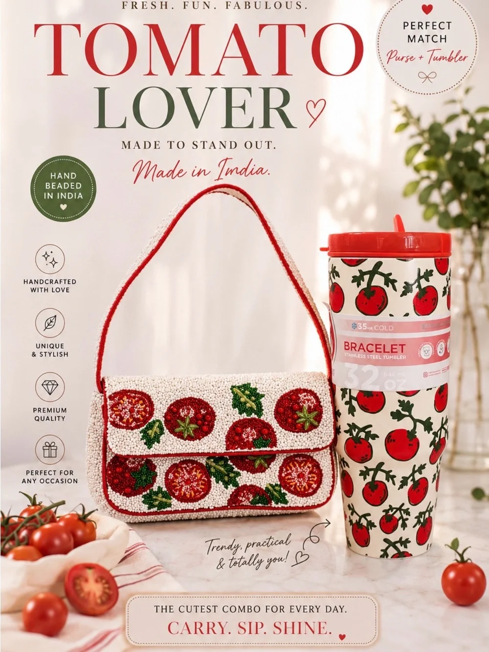 Tomato Beaded Shoulder Bag & Matching Tumbler Set